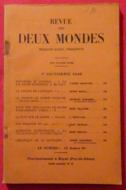 Buloz, Francois (Fondateur)  Revue des Deux Mondes 1er Octobre 1942 