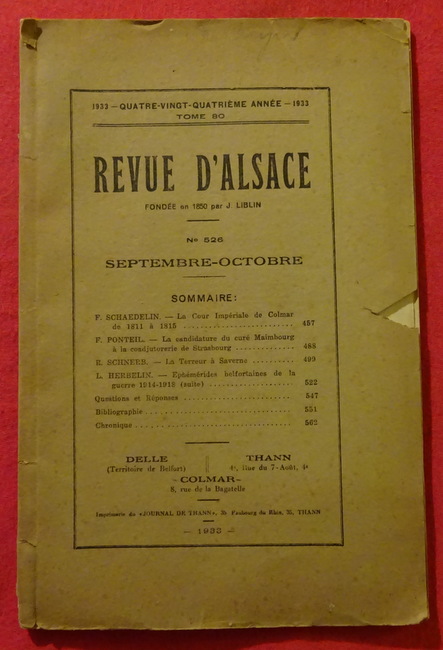 ohne Autor  REVUE D`ALSACE No. 526 Septembre-Octobre (Fondee en 1850 par J. Liblin) 