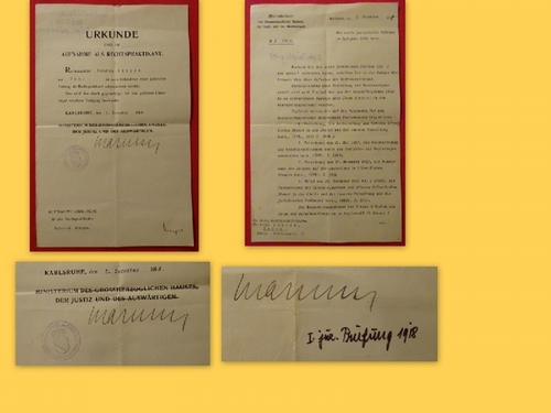 Marum, Ludwig  Urkunde über die Aufnahme als Rechtspraktikant v. 5. Dezember 1918 + Merkblatt (maschinenschriftlich) (Für Heinrich Dinges aus Bühl) 