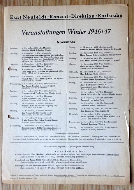 Neufeldt, Kurt  Veranstaltungen Winter 1946/47 der Kurt Neufeldt Konzert-Direktion Karlsruhe (November) 