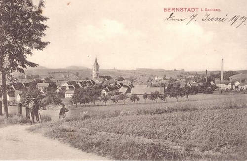   Ansichtskarte Bernstadt in Sachsen (s/w Ortsansicht mit Fabrik) 