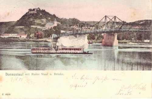   Ansichtskarte Donaustauf mit Ruine Stauf und Brücke (mit Schaufelraddampfer) 