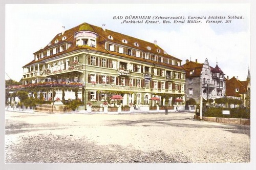   Ansichtskarte Bad Dürrheim (Schwarzwald) Europas höchstes Solbad ("Parkhotel Kreuz", Bes. Ernst Müller) 