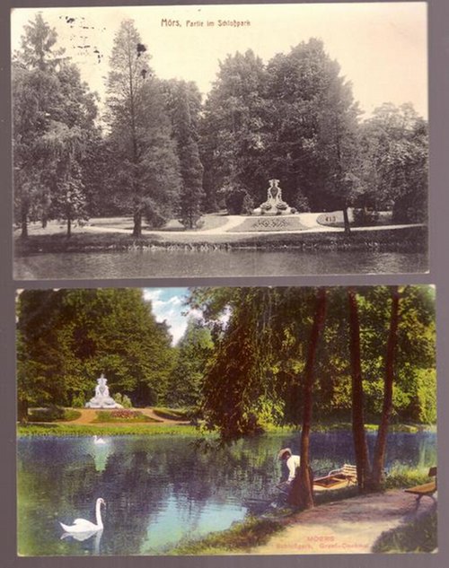   2 Ansichtskarten. AK Moers. Schloßpark, Greef-Denkmal 