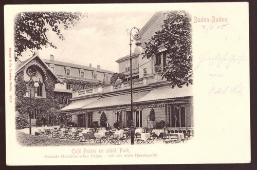   Ansichtskarte AK Baden-Baden. Cafe Palais im städtischen Park (ehemals Hamilton'sches Palais - mit der alten Hauskapelle) 