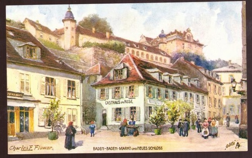  Künstler-Ansichtskarte AK Baden-Baden. Charles Flower. Baden-Baden. Markt und Neues Schloss sowie Gasthof zur Rose 