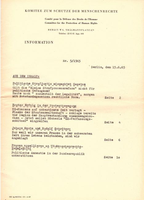 Komitee zum Schutze der Menschenrechte  Informationen Nr. 5/1965 (15.6.1965) 