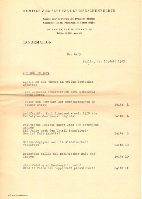 Komitee zum Schutze der Menschenrechte  Informationen Nr. 6/1965 (10.7.1965) 