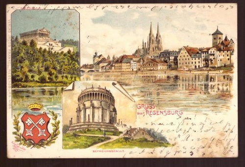   Ansichtskarte AK Regensburg. Gruss aus. Litho (4 Motive) (Walhalla, Befreiungshalle, Totale, Wappen) 
