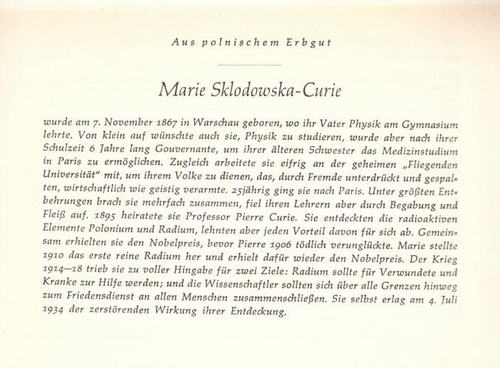 Mensching, Wilhelm (Bückeburg, Freundschaftsheim) und Grete Sumpf  Marie Sklodowska-Curie (a.d. Reihe: "Aus polnischem Erbgut") 