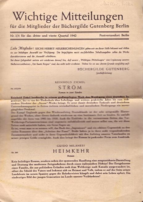 Büchergilde Gutenberg  Wichtige Mitteilungen für die Mitglieder der Büchergilde Gutenberg Berlin Nr. 3/4 für das 3. und 4. Quartal 1942 
