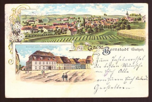   Ansichtskarte AK Gruss aus Bernstadt i. Sachsen. Litho 2 Motive (Totalansicht, Gasthof zum braunen Hirsch) 