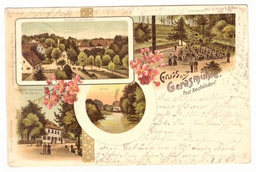   Ansichtskarte AK Gruss aus Gerasmühle. Post Reichelsdorf (Farblitho, 4 Ansichten (von Westen, Wirtschaft zur Reichskrone, Mühle, Felsenkeller) 