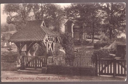   Ansichtskarte AK Compton Cemetary Chapet & Lychgate (Hinten mit gedruckter Werbung für Sächsischen Malzkaffee Altenburg) 
