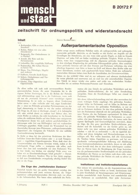 Lohmüller, Wolfgang (Red.)  Mensch und Staat 3. Jg. Heft 1 (zeitschrift für ordnungspolitik und widerstandsrecht) 