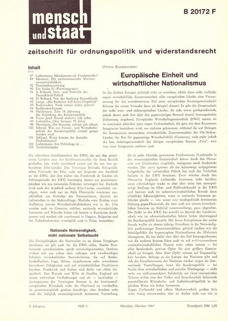 Lohmüller, Wolfgang (Red.)  Mensch und Staat 2. Jg. Heft 6 (zeitschrift für ordnungspolitik und widerstandsrecht) 