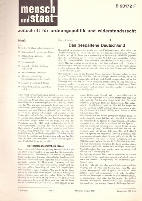 Lohmüller, Wolfgang (Red.)  Mensch und Staat 2. Jg. Heft 5 (zeitschrift für ordnungspolitik und widerstandsrecht) 