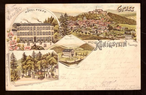   Ansichtskarte AK Gruss aus Königstein im Taunus (Litho, 4 Motive. Hotel Pfaff, Parkanlage und Garten, Dependance, Lawn-Tennis-Platz) 