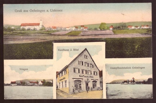   Ansichtskarte AK Gruß aus Oehningen am Untersee (Bodensee) (4 Motive. Gesamtansicht, Stiegen, Kaufhaus J. Ritzi, Dampfbootstation Oehningen) 