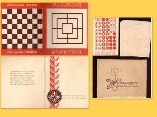 Tengelmann  Pappspiel Mühle - Dame - Schach (Spiel mit dem aufklappbaren Pappbrett, 2 Tütchen für die Spielsteine, die Spielsteine noch original (nicht ausgeschnitten) mit dem dazugehörigen Orig.Tütchen) 