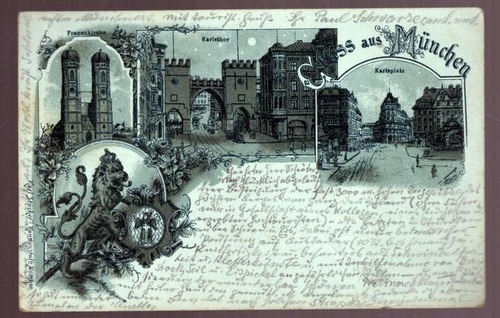   Ansichtskarte AK Gruss aus München. Litho (Karlsthor, Karlsplatz, Frauenkirche, Wappen) 