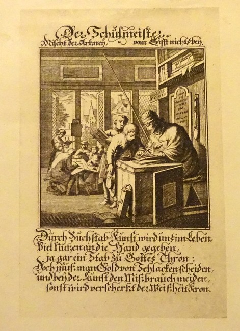 anonym, (d.i. Weigel Christoph d.Ä.)  Gravure nach einem alten Kupferstich "Der Schulmeister (mit Text) 