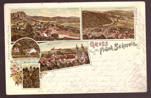   Ansichtskarte AK Gruß aus der fränkischen Schweiz. Farblitho (Streitberg, Muggendorf, Gössweinstein, Stempfermühle, Gailenreuth) 