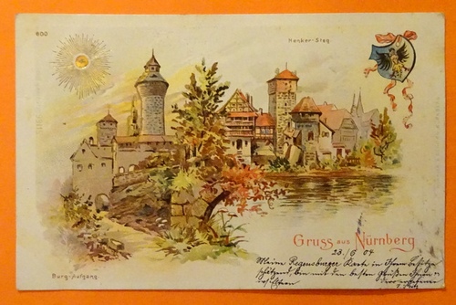   Ansichtskarte AK Gruss aus Nürnberg. Henker-Steg / Burg-Aufgang (Künstlerkarte. Farblitho) 