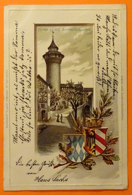   Ansichtskarte AK Nürnberg. Brunnenhäuschen (Prägedruck mit Wappen) 