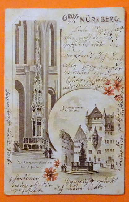   Ansichtskarte AK Nürnberg. Litho Tugendbrunnen bei St. Lorenz / Das Sacramentshäuslein bei St. Lorenz 