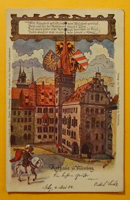   Ansichtskarte AK Nürnberg. Künstler-Ak Heinrich Luckmeyer. Rathaus mit Spruch 