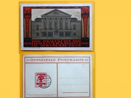   Ansichtskarte AK Deutsche Nationalversammlung in Weimar 1919 (Farblitho; Entwurf Max Nehrling, hinten 1 gestempelte Briefmarken "Deutsche Nationalversammlung 10) 