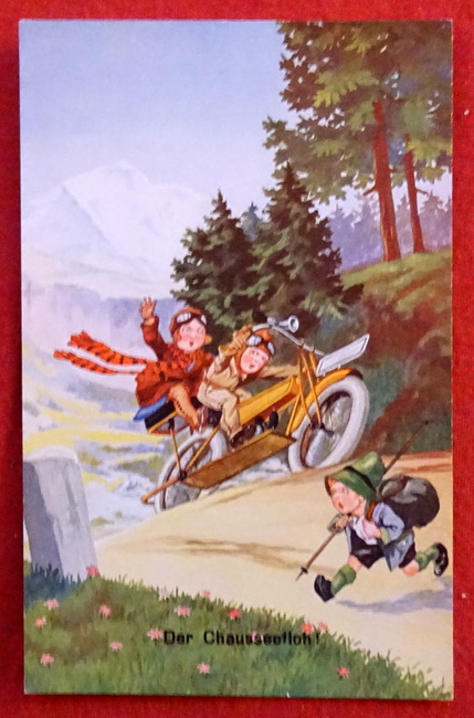   Ansichtskarte AK "Der Chausseefloh" (Humorvolle Karte mit Kinder auf dem Motorrad) 