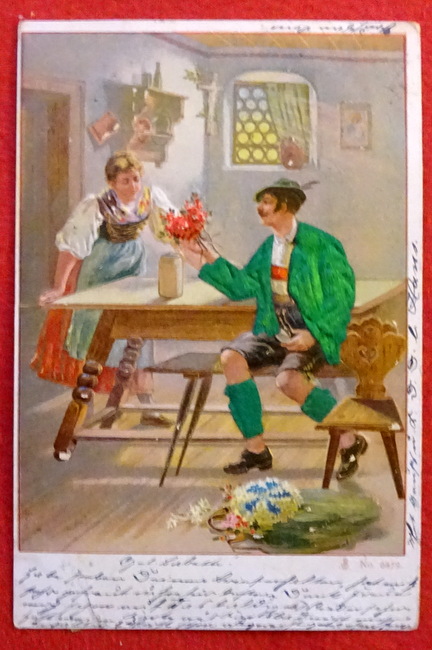   Ansichtskarte AK Prägekarte mit Motiv Bayerisches Liebespaar (der Mann mit Stoffstrümpfen und Jacke aus Stoff) 