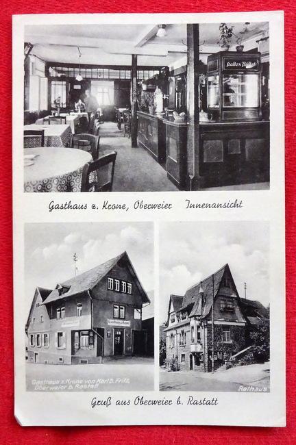   Ansichtskarte AK Gruß aus Oberweier b. Rastatt. Gasthaus z. Krone. 3 Motive (Gasthaus, Innenansicht, Rathaus) 