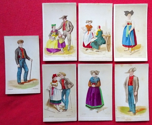   7 handkolorierte Bildkarten mit Trachten aus dem Elsass / Alsace 