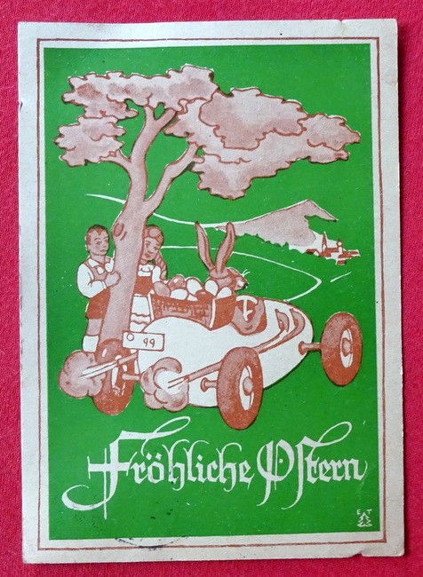   Ansichtskarte AK Fröhliche Ostern (Osterhase im Rennwagen. Künstlerkarte v. ET) 