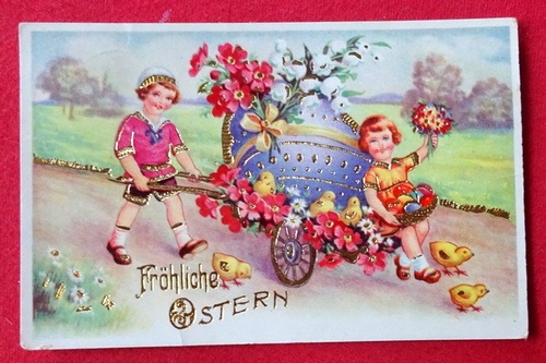   Ansichtskarte AK Fröhliche Ostern (Prägekarte. Kinder mit gr. Osterei auf Handwagen) 