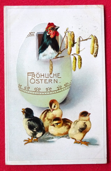   Ansichtskarte AK Fröhliche Ostern (Farblitho. Ein Hahn im Osterei und 4 Küken) 