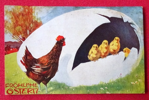   Ansichtskarte AK Fröhliche Ostern (Künstlerkarte Hahn und 4 Küken im Osterei) 
