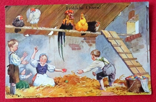  Ansichtskarte AK Fröhliche Ostern (Künstlerkarte von Suchodolski. Kinder beim Ostereiersuchen im Stall) 