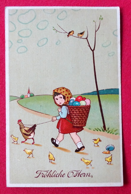   Ansichtskarte AK Fröhliche Ostern (Mädchen mit Hahn an der Leine und Küken) 