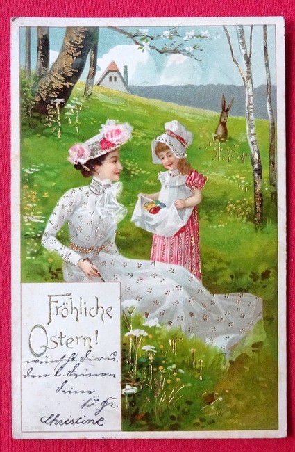   Ansichtskarte AK Fröhliche Ostern (Edle Dame und Tochter beim Ostereiersuchen) 
