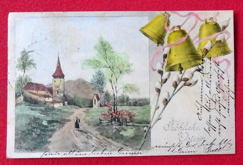   Ansichtskarte AK Fröhliche Ostern (Farblitho Einsamer Wanderer vor Kirche mit Weidenkätzchen und Kirchenglocken) 