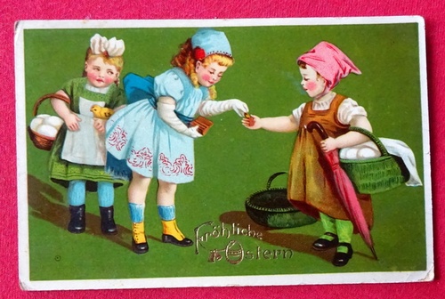   Ansichtskarte AK Fröhliche Ostern (Farblitho. 3 Mädchen mit Körben) 