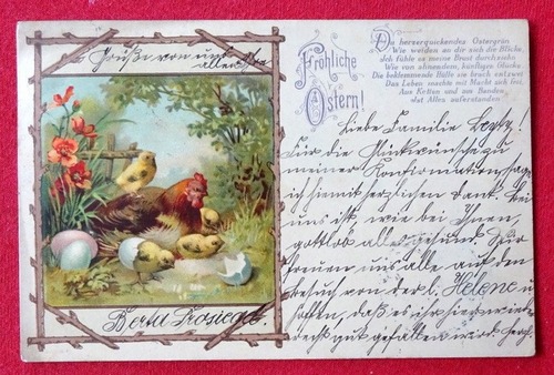   Ansichtskarte AK Fröhliche Ostern (Farblitho. Henne mit Küken und Spruch) 