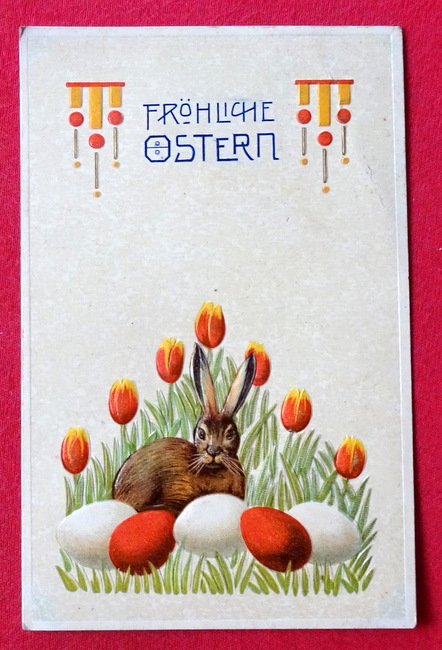   Ansichtskarte AK Fröhliche Ostern (Prägekarte, Farblitho. Jugendtsil Hase im Nest. Tolle Typografie) 