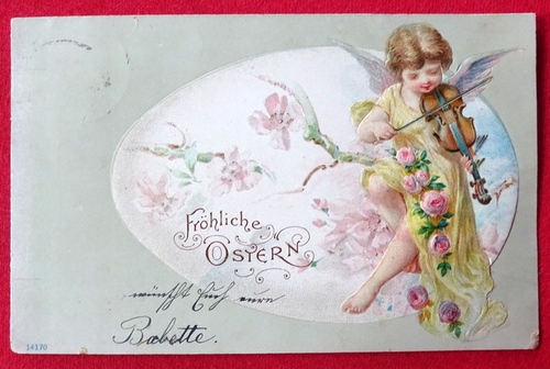   Ansichtskarte AK Fröhliche Ostern (Prägekarte, Farblitho. Mädchen mit Geige) 