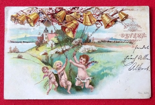   Ansichtskarte AK Fröhliche Ostern (Farblitho. Engel mit vielen Glocken vor Landschaft) 