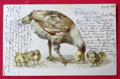   Ansichtskarte AK Fröhliche Ostern (Farblitho. Prägekarte Henne mit 6 Küken) 